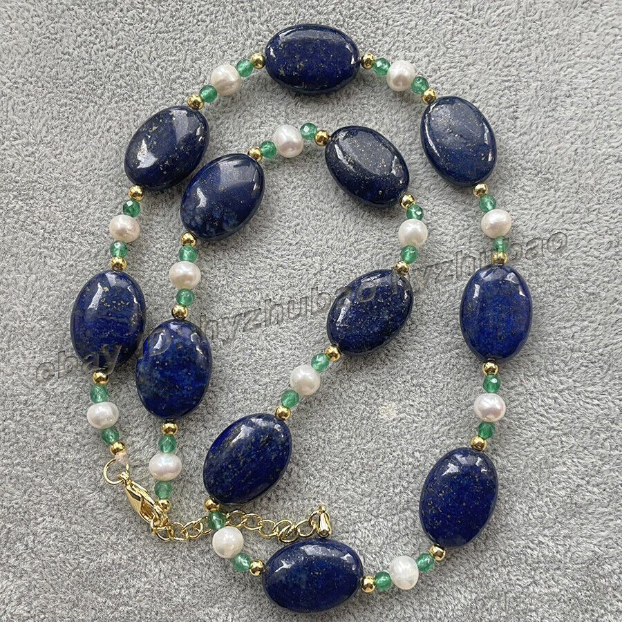 14-36″ 13x18mm Oval Blue Lapis Lazuli &White Pearl &Green Emerald Beads Necklace