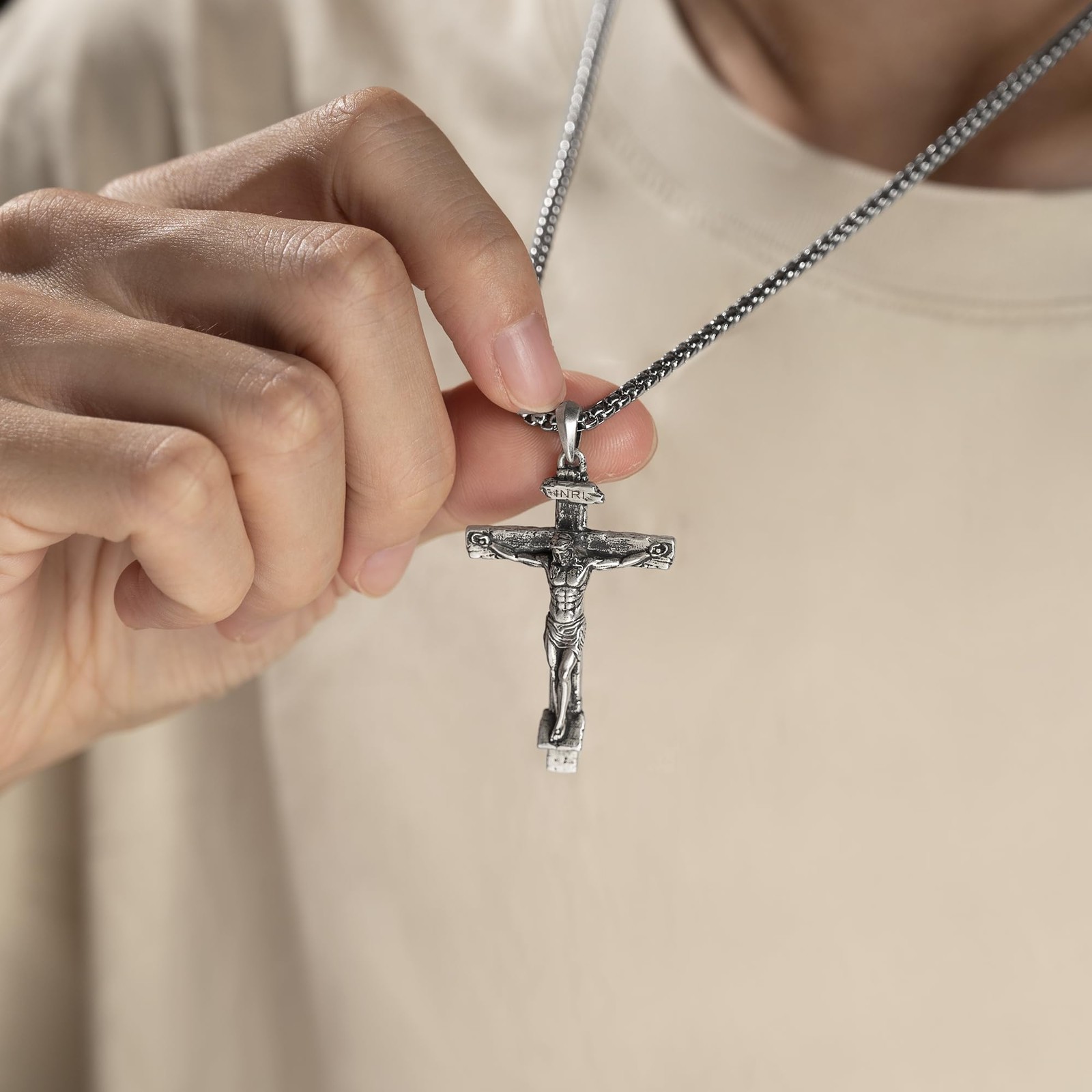 Sterling Silver Crucifix Pendant Necklace for Men Jesus Cross Necklace for W
