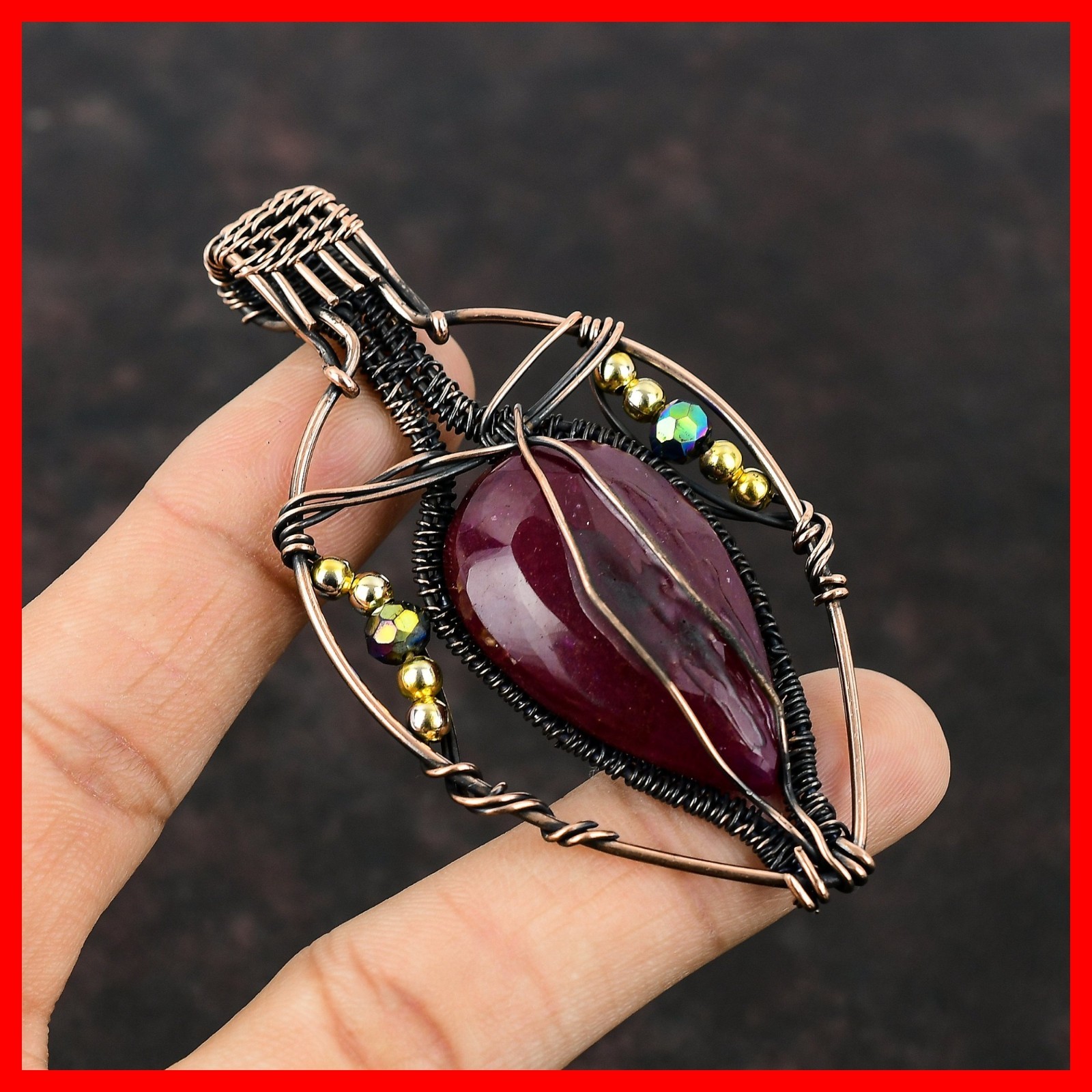 Natural Faceted Kashmir Rubi Titanium Beads Copper Wire Wrapped Birthday Pendant