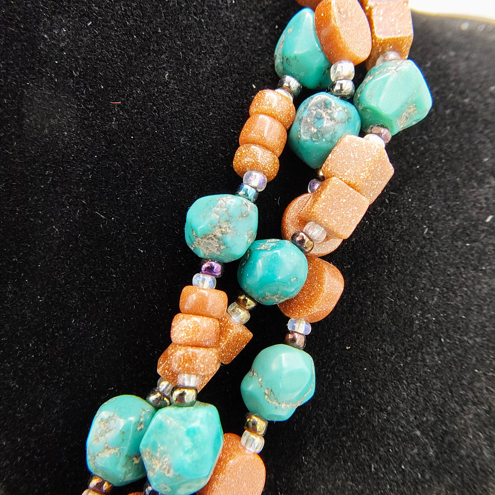 Faux Turquoise Pendant Necklace 925 Sterling Glitter Copper Color Bead Boho