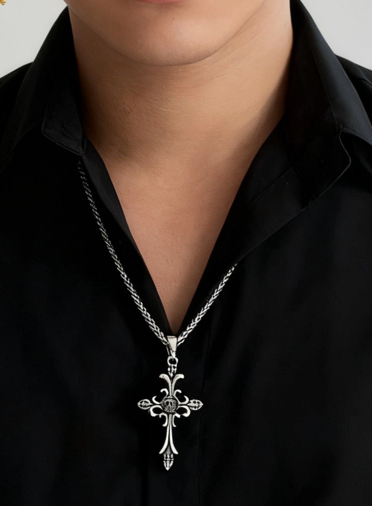 Sculpted Fleur De Lis Crown Cross Necklace, Antiqued Punk Biker Men’s Jewelry