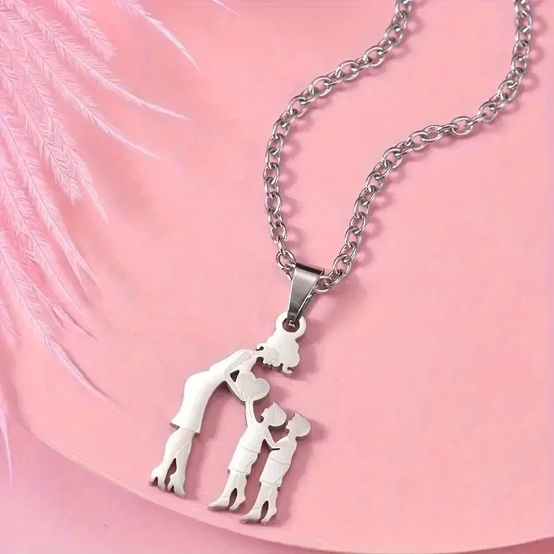 Mother Child Heart Necklace Stainless Steel Family Figure Pendant Jewelry