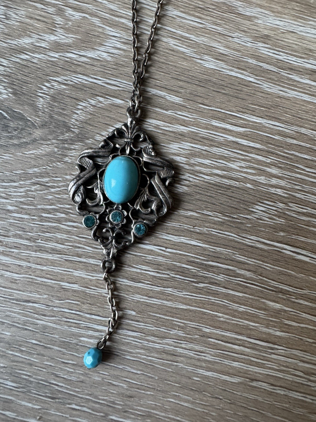 Silver Tone Blue Oval Stone Charm Pendant Necklace Adjustable