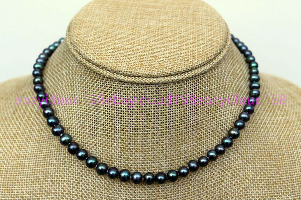 Natural 6-7mm Peacock Black Real Freshwater Cultured Pearl Necklace 18” Yu207
