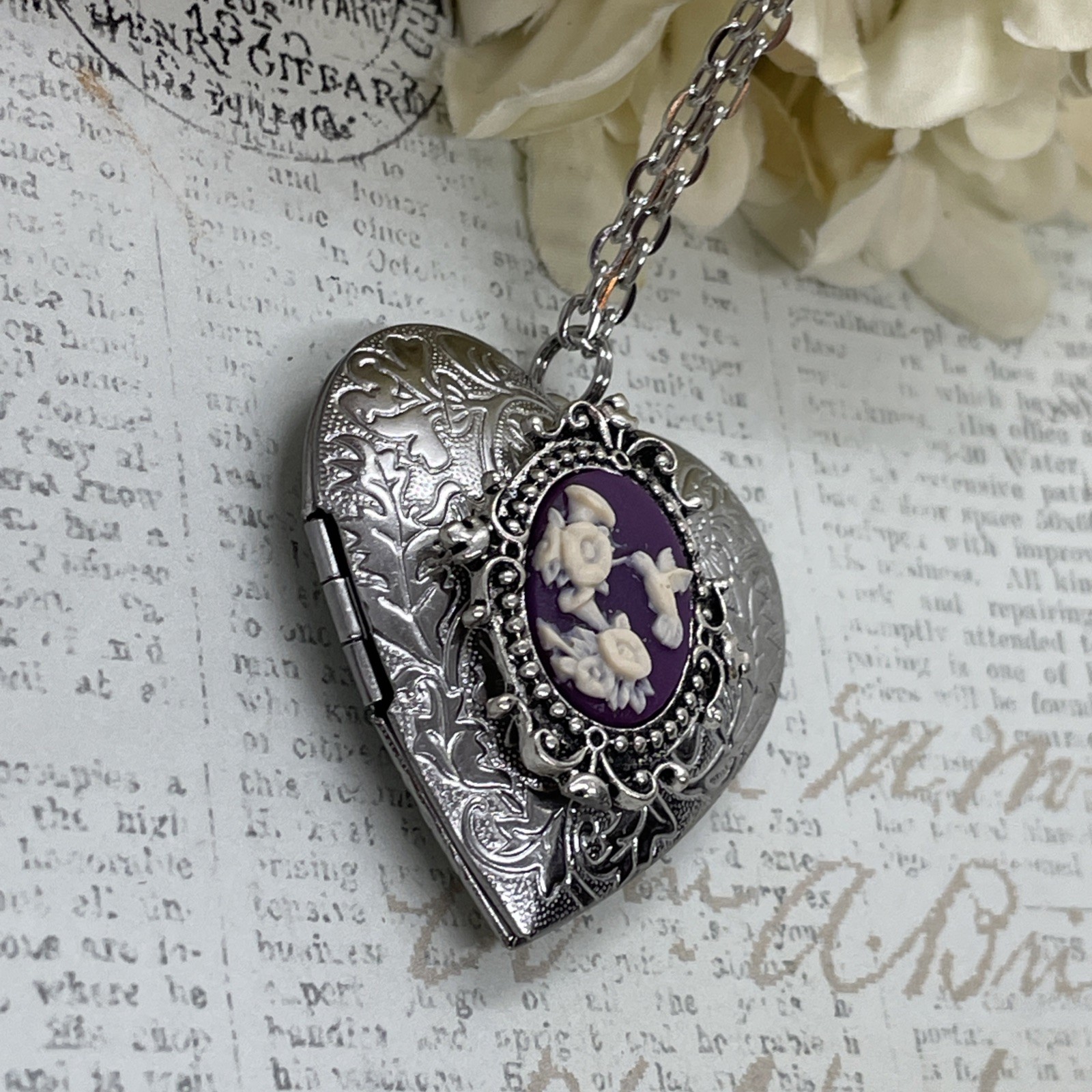 Heart Silver Locket Cameo Hummingbird purple Necklace Photo Bride bridal wedding