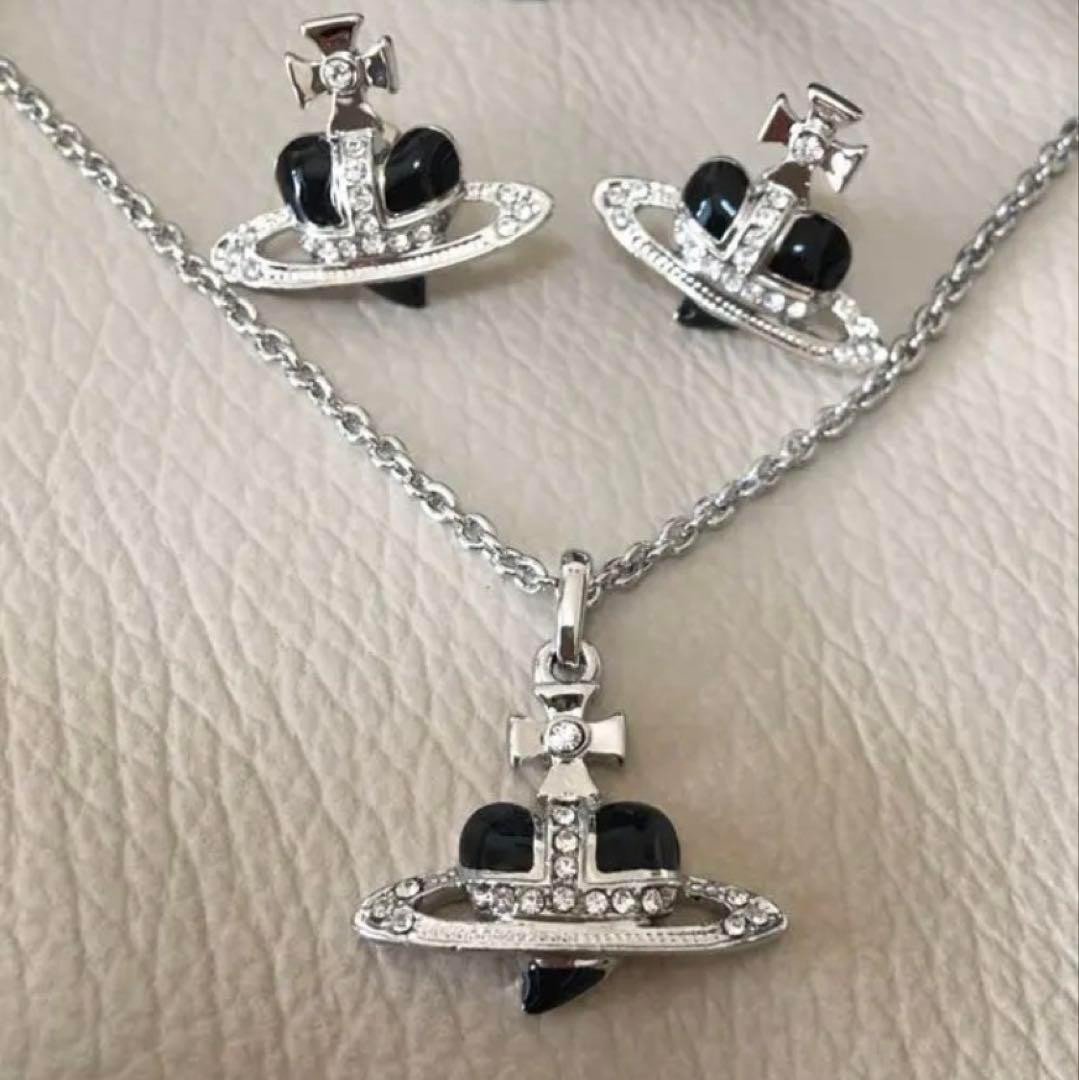 【In Box/Pouch】Diamante Heart Necklace Earrings Set Black