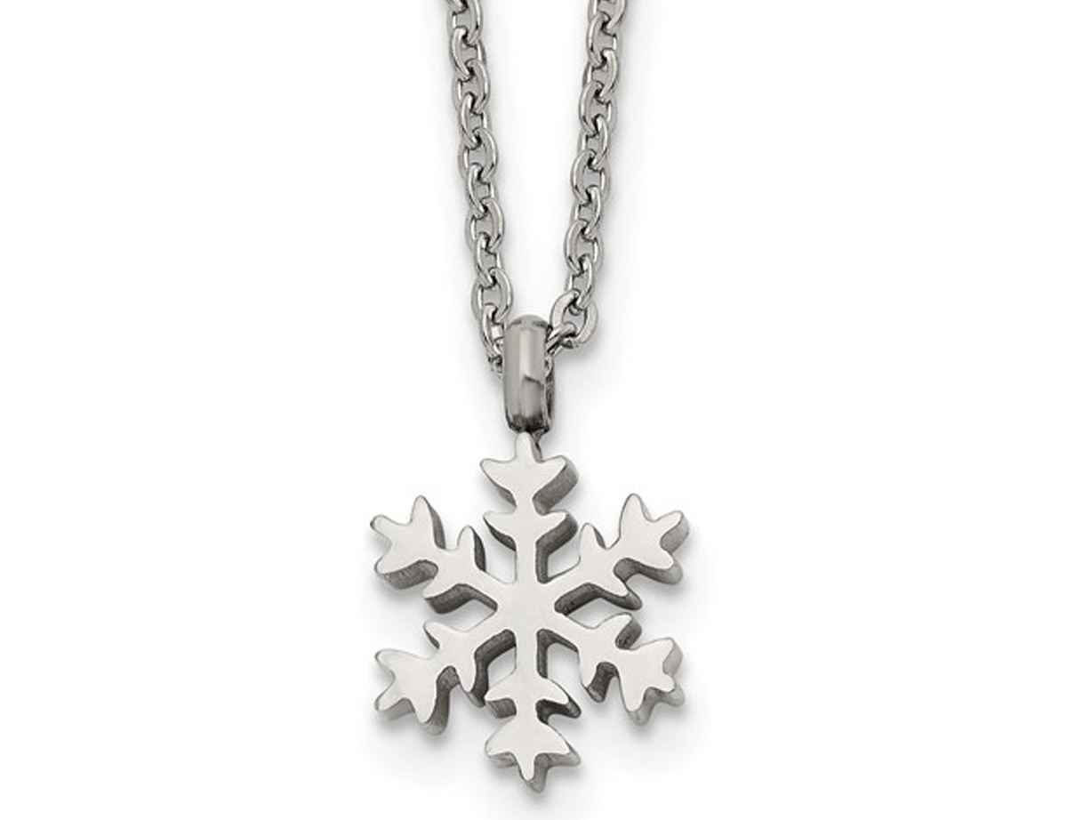 Polished Stainless Steel Snowflake Charm Pendant Necklace with Chain (20 Inches)