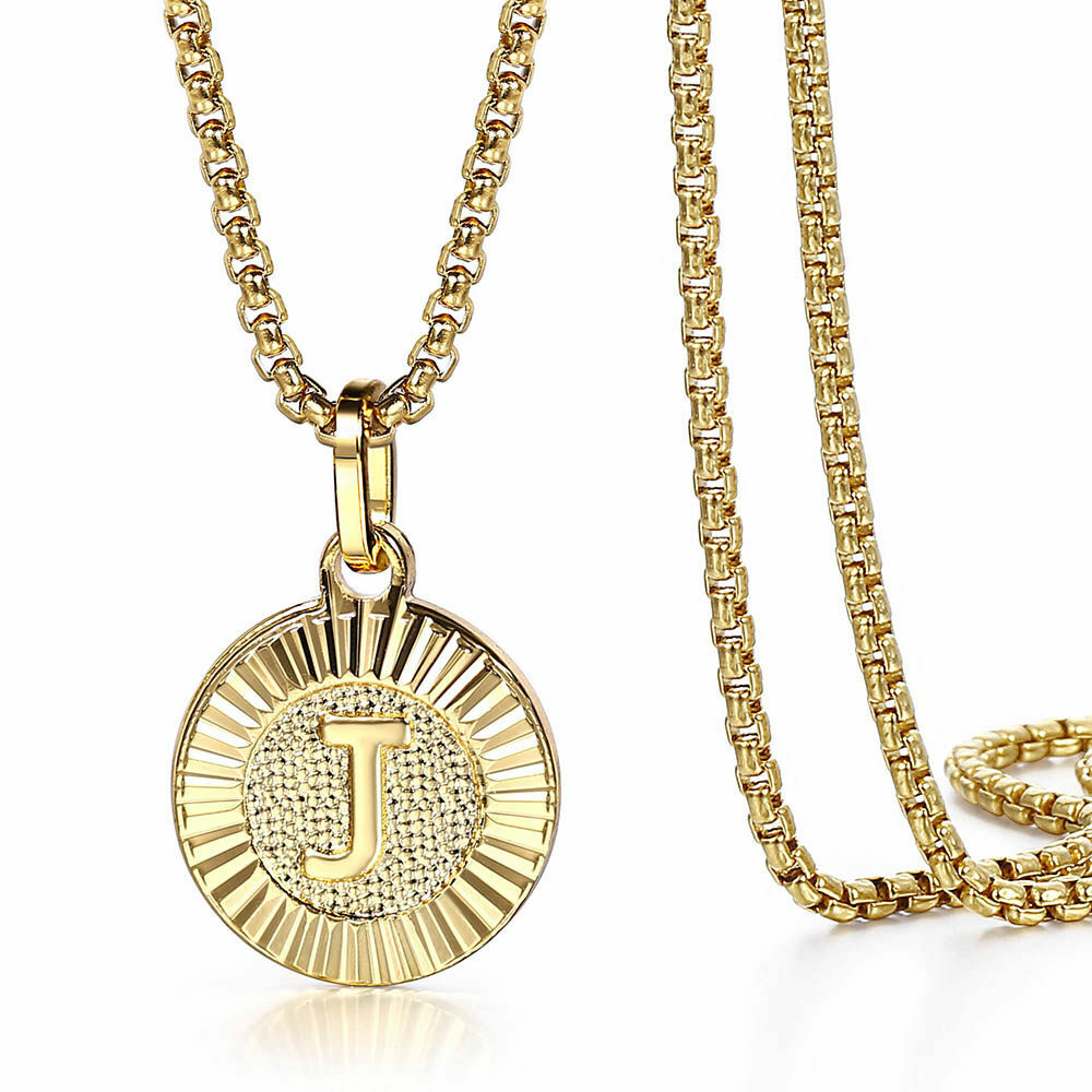 Round Gold Plated Initial Letter Necklace Pendant Stainless Steel 18/20/22″ Link
