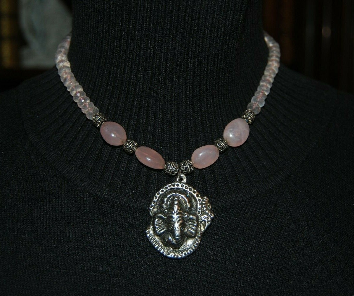 ELEPHANT SILVER TONED PENDANT WITH PINK NATURAL & GLASS BEADS STRAND NECKLACE