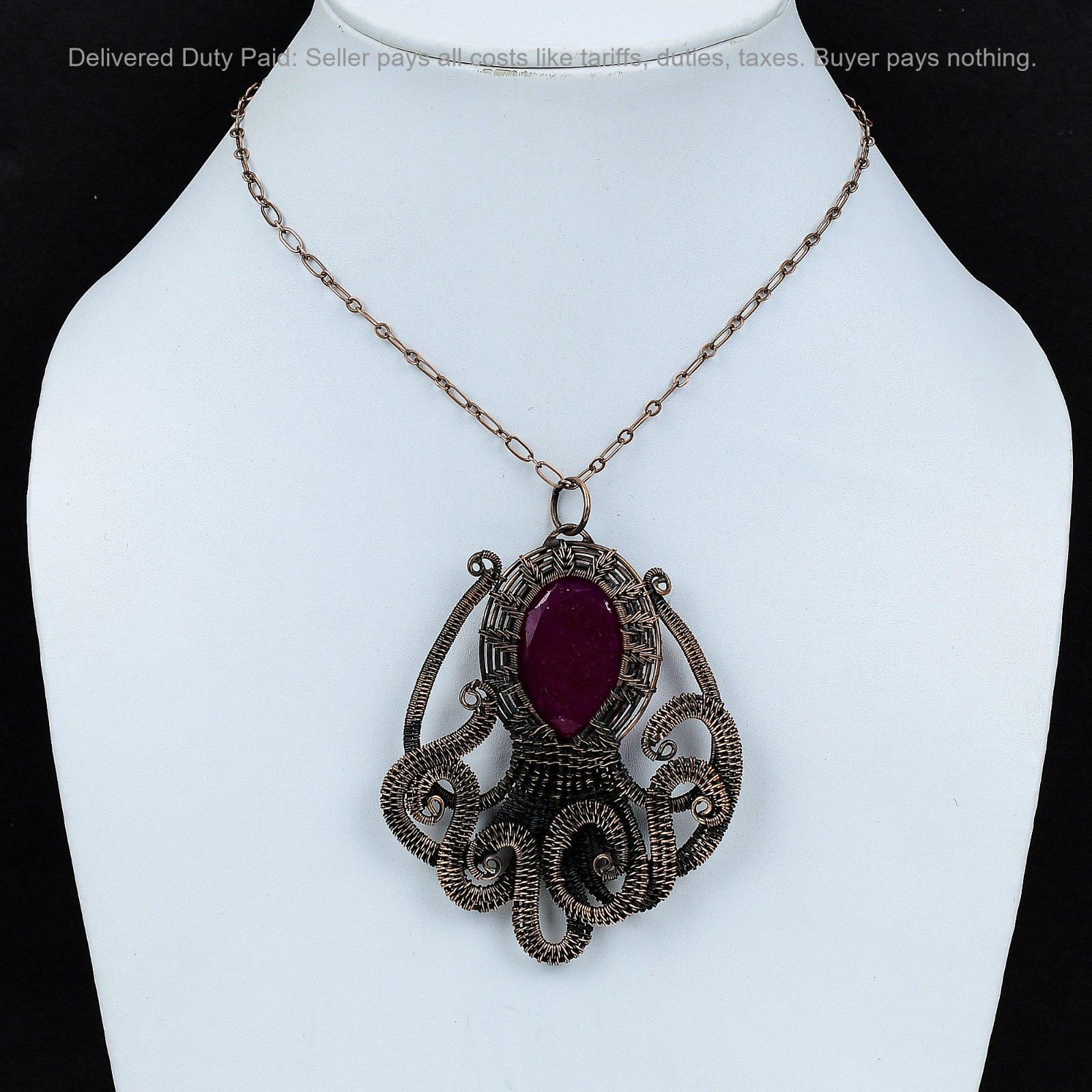 Oval Kashmir Rubi Gemstone Copper Birthday Wire Wrapped Octopus Pendant Jewelry