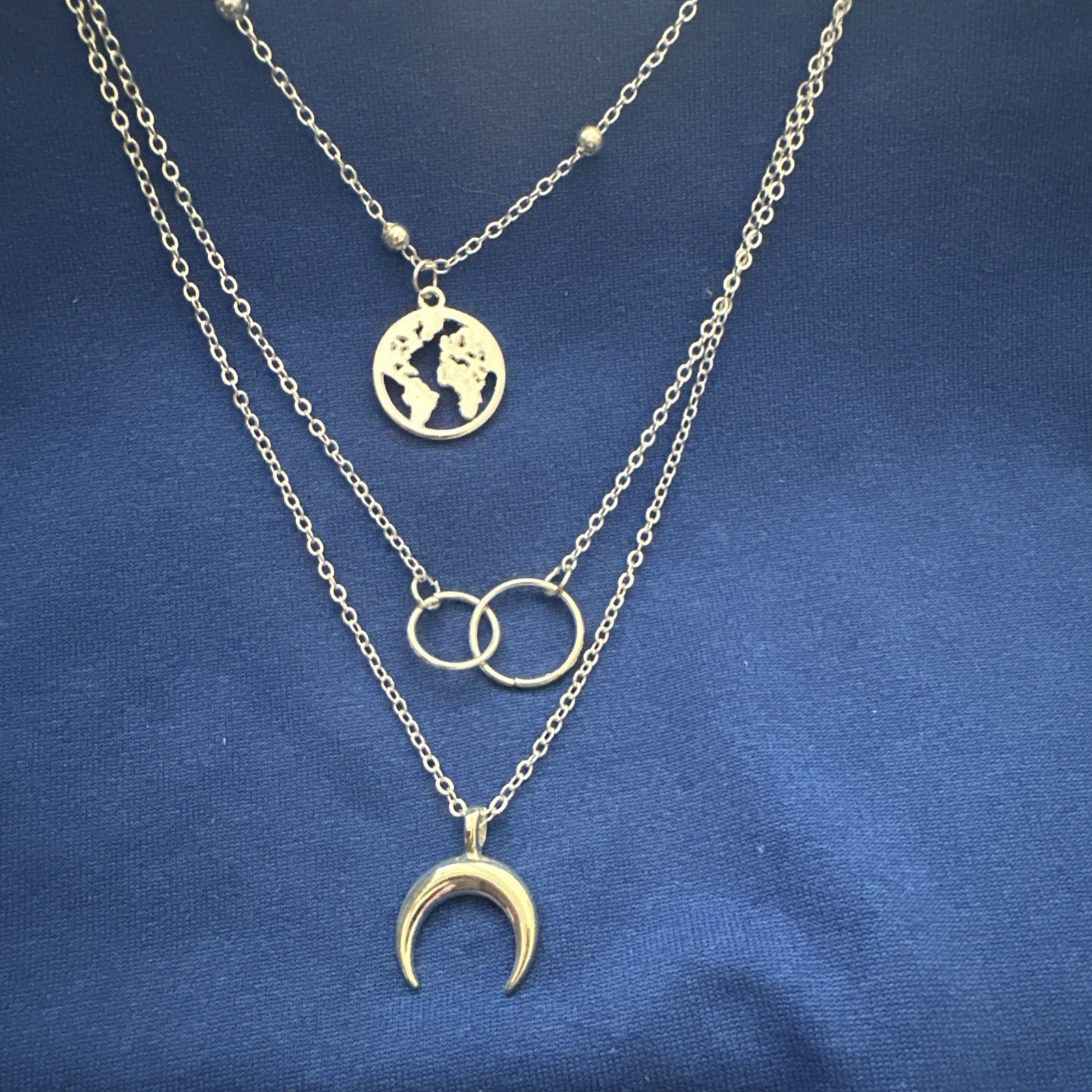 Layered Crescent Charm Necklace Silver Tone Globe Circle Adjustable chain New!