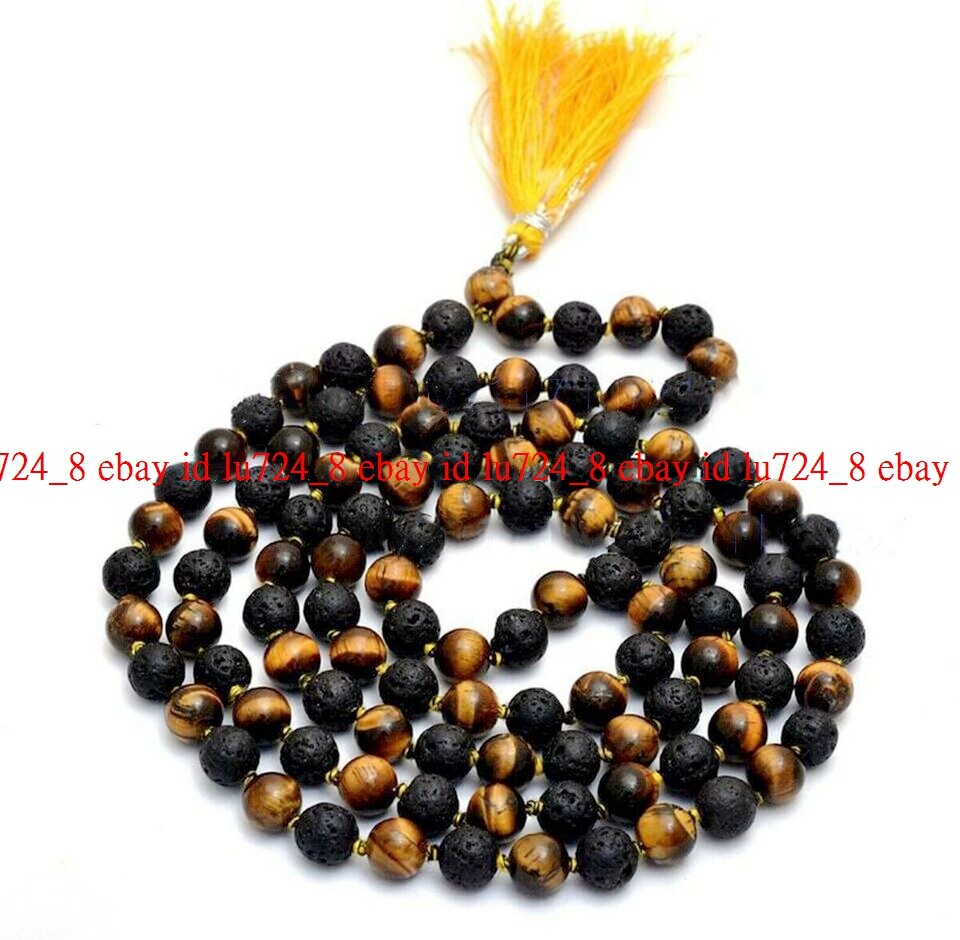 Natural Lava Rock Tiger’s Eye Gems Tibet Buddhist 108 Prayer Beads Mala Necklace