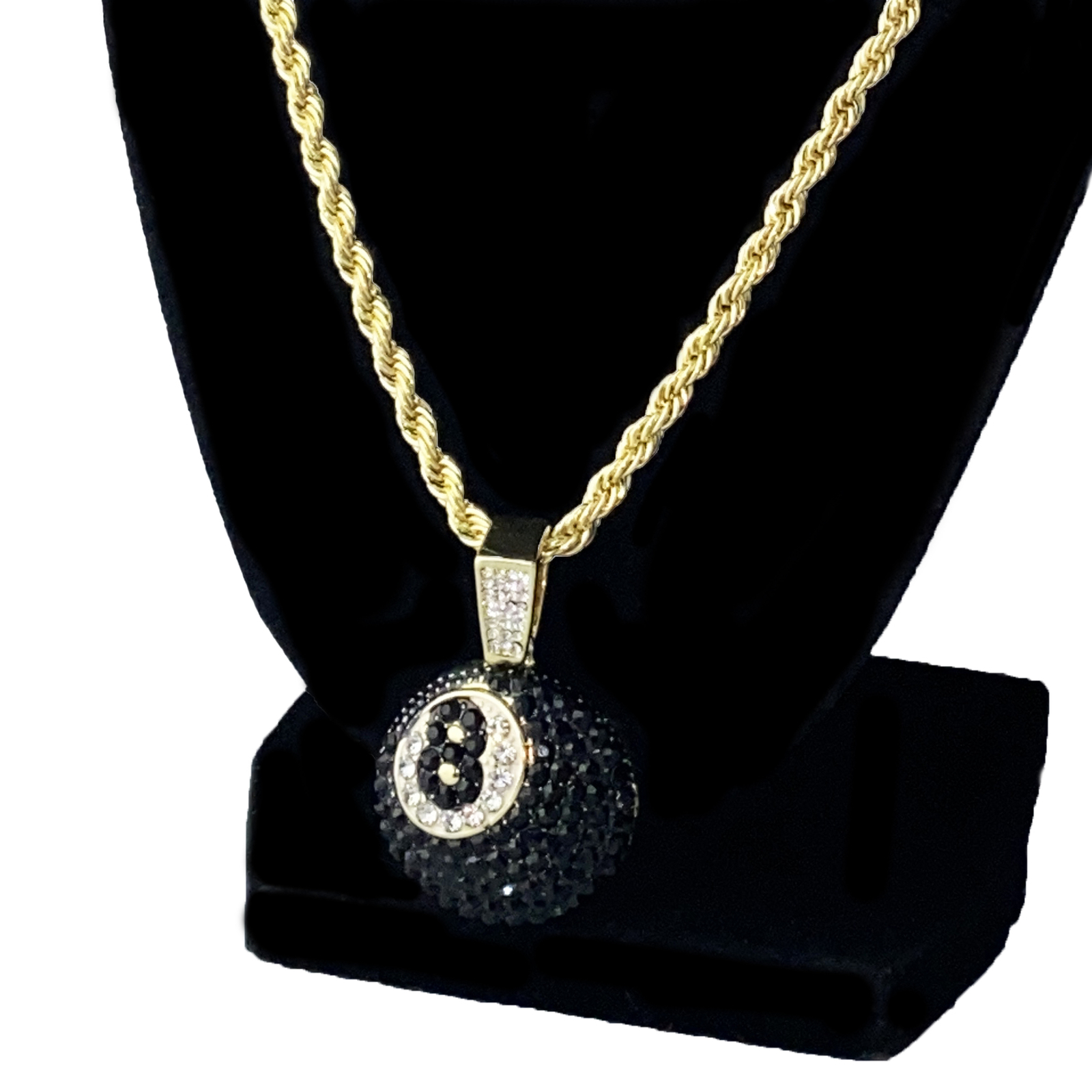 14k Gold Plated Black 8 Eight Ball Rope Chain Pool Simulated CZ Necklace 24″ in