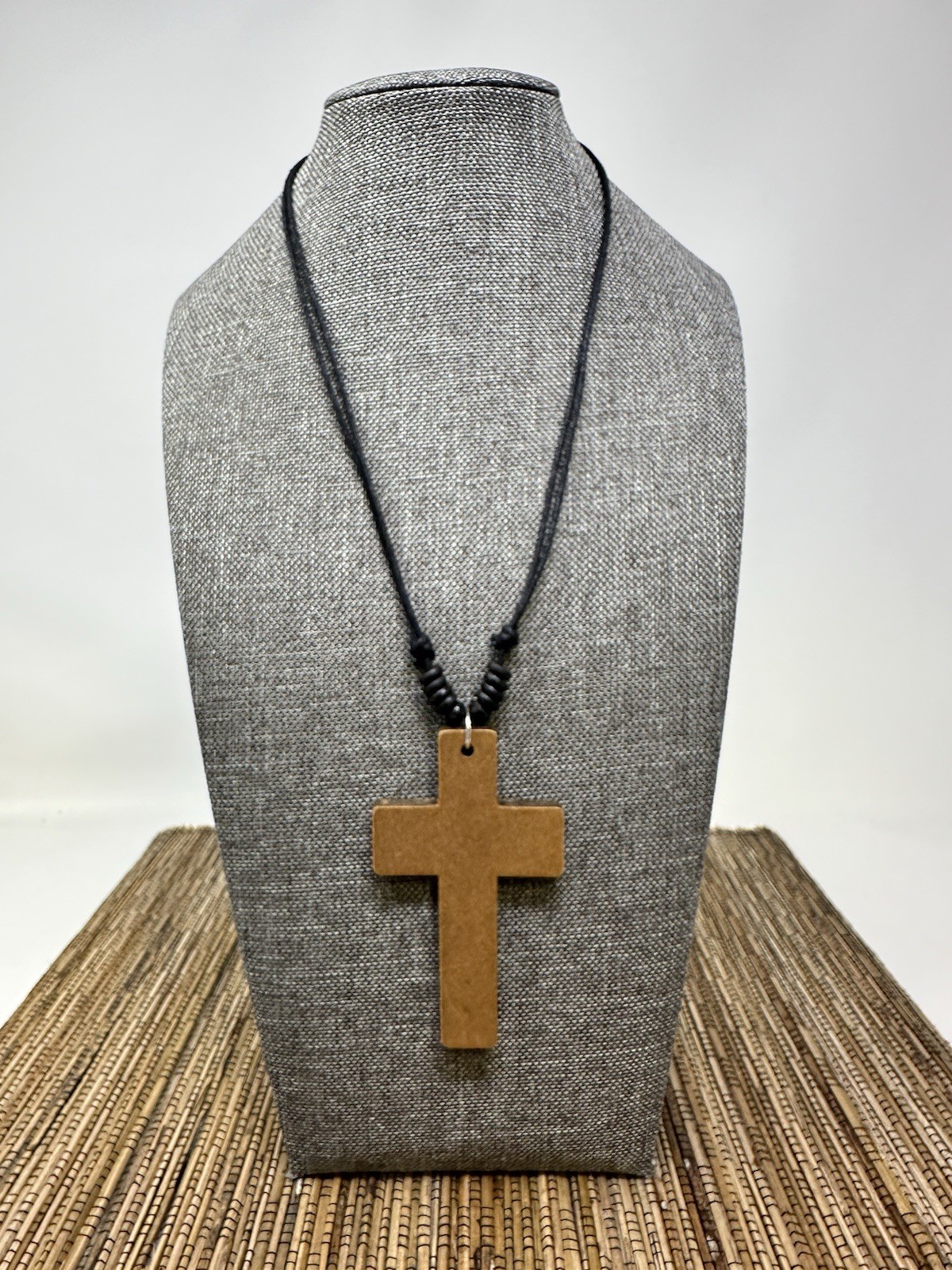 Wooden Cross Necklace 3in Brown Pendant Adjustable 16‑30in Sliding Knots Unisex