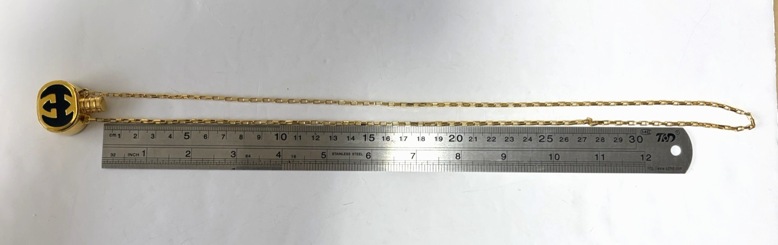 Vintage Gucci Navy Enamel GG Perfume Bottle Motif Necklace Pendant Gold-tone
