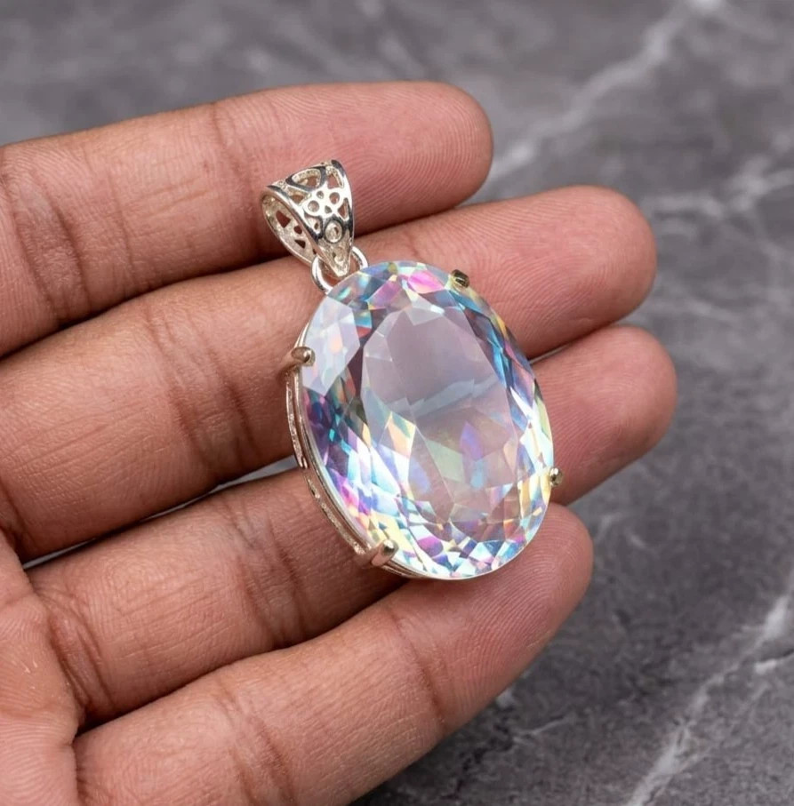 GIE Certified Mystic Topaz Pendant 925 Solid Silver 74.58 CT Oval Cut Gemstone A