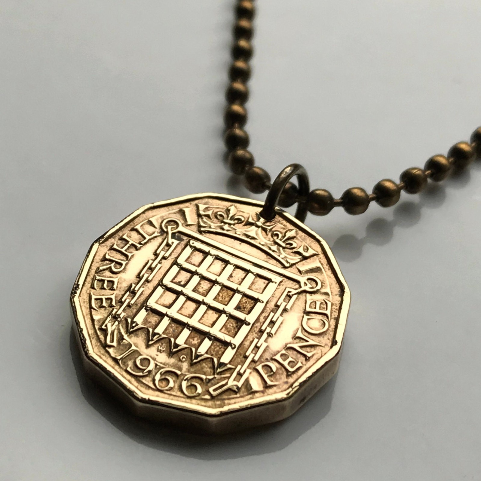 1960 England Britain 3 Pence coin pendant Tudor portcullis castle London n000415