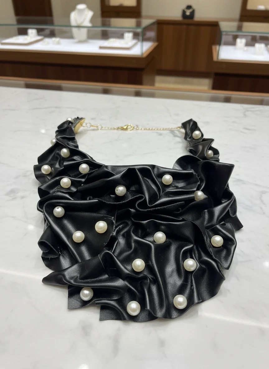 Pearl-Embellished Black Leather Ruffle Necklace – Couture Statement Jewelry