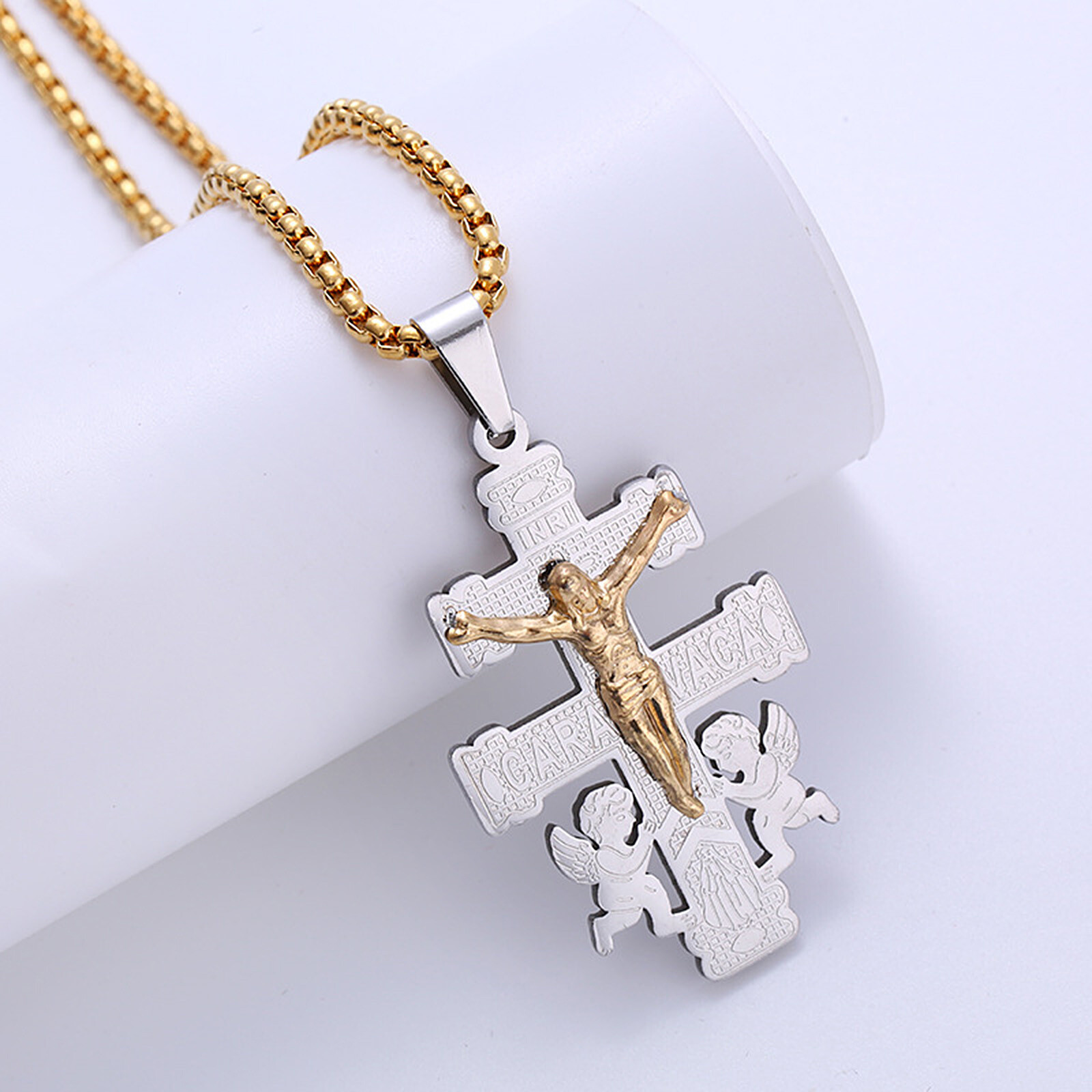 Mens Boys Stainless Steel Caravaca Double Cross Angels Crucifix Pendant Necklace