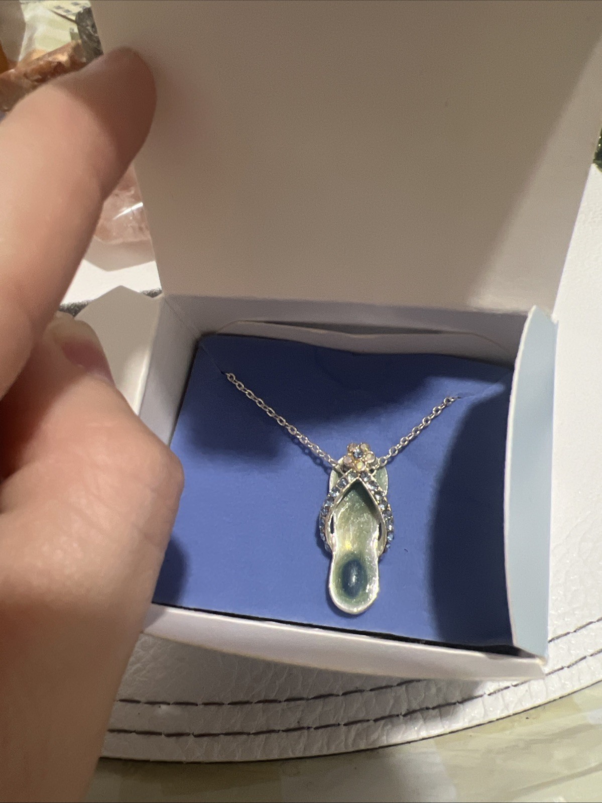 Avon Silver Plated Flip Flop Charm Pendant Necklace Rhinestone, Lobster Clasp