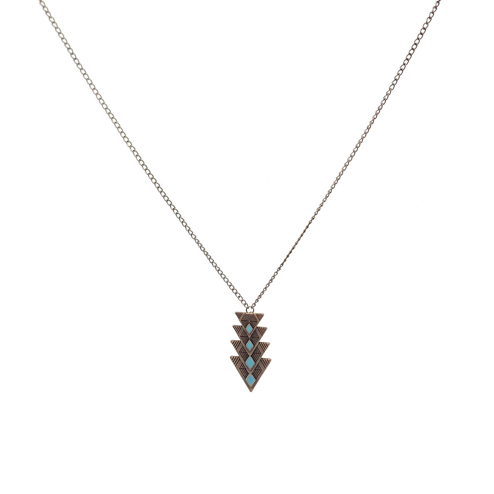 Bronze Tone Chevron Necklace Blue Enamel Geometric Boho Statement