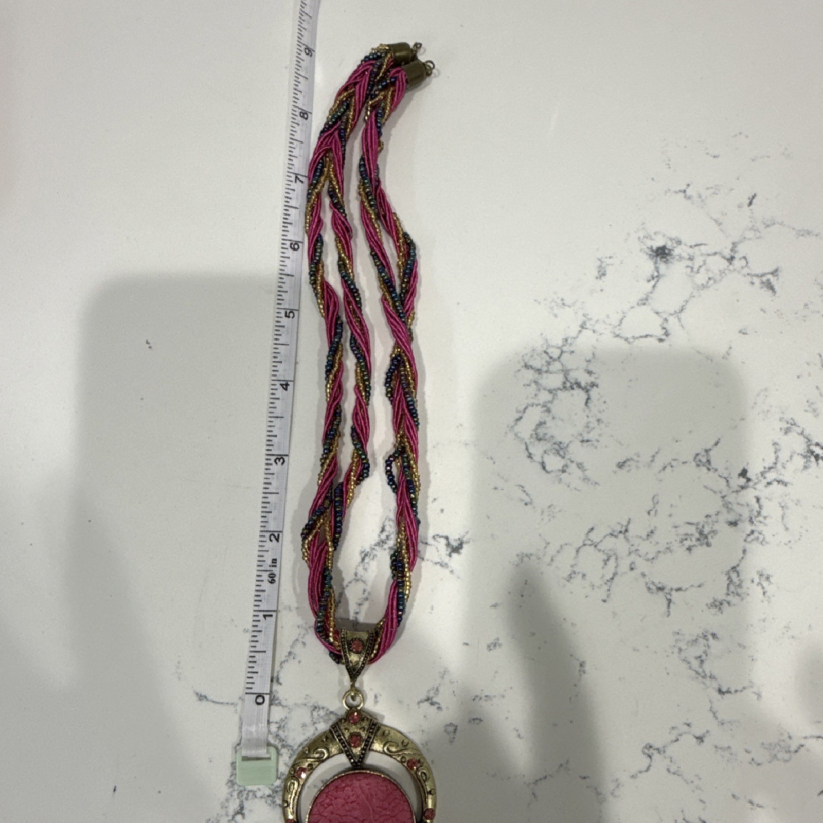Multicolor Braided Necklace with Pink Round Pendant and Gold, 18 in