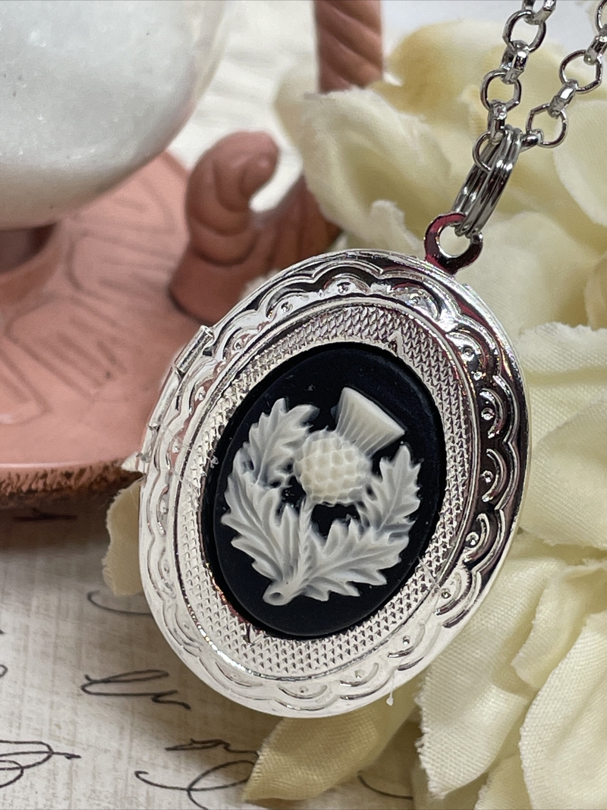 Scottish Thistle Necklace Locket Silver EASTER pendant IRISH CELTIC GIFT photo