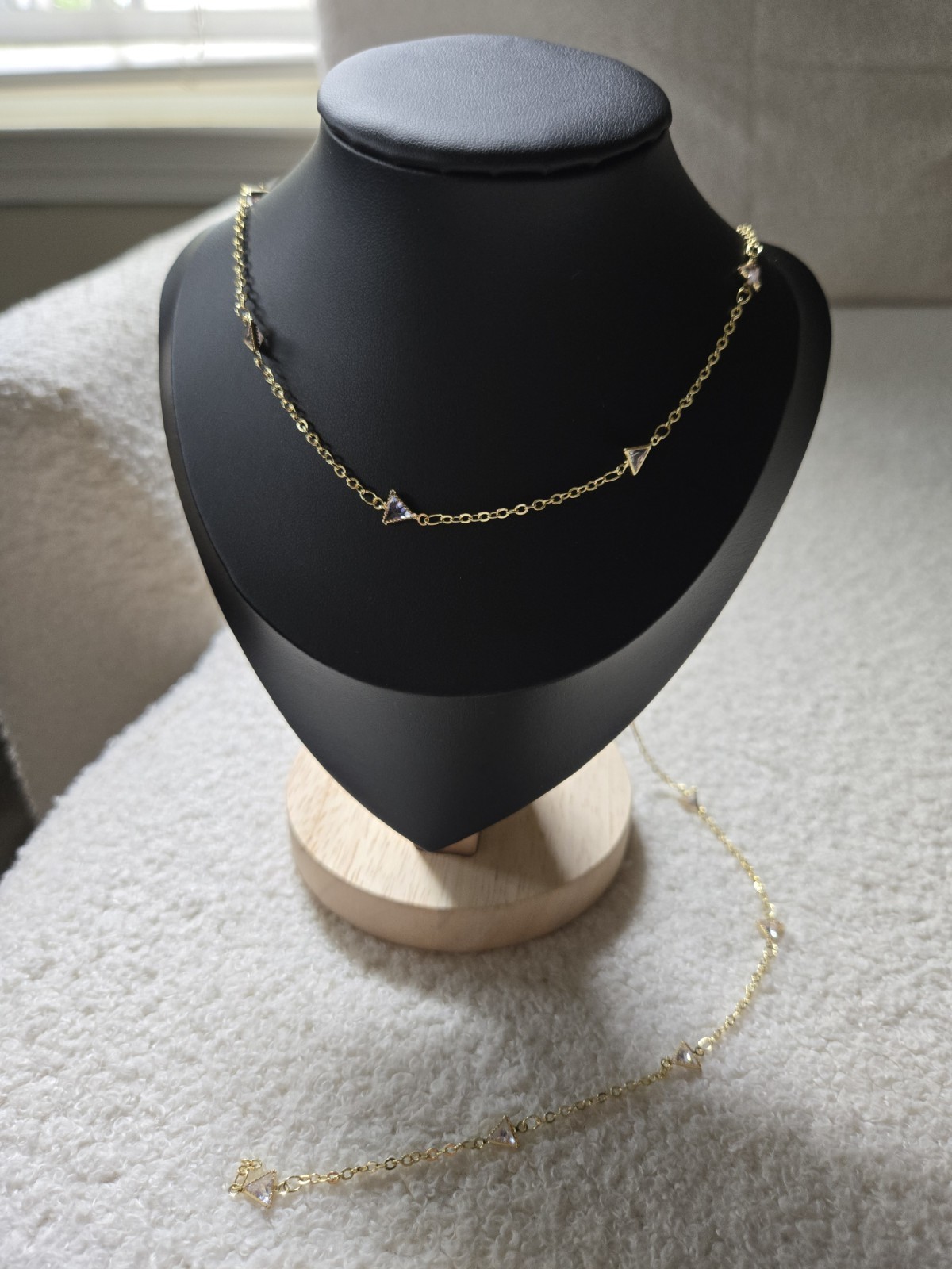 Gold Tone Station Necklace Triangle Bezel CZ 5 Stones Adjustable Cable Chain