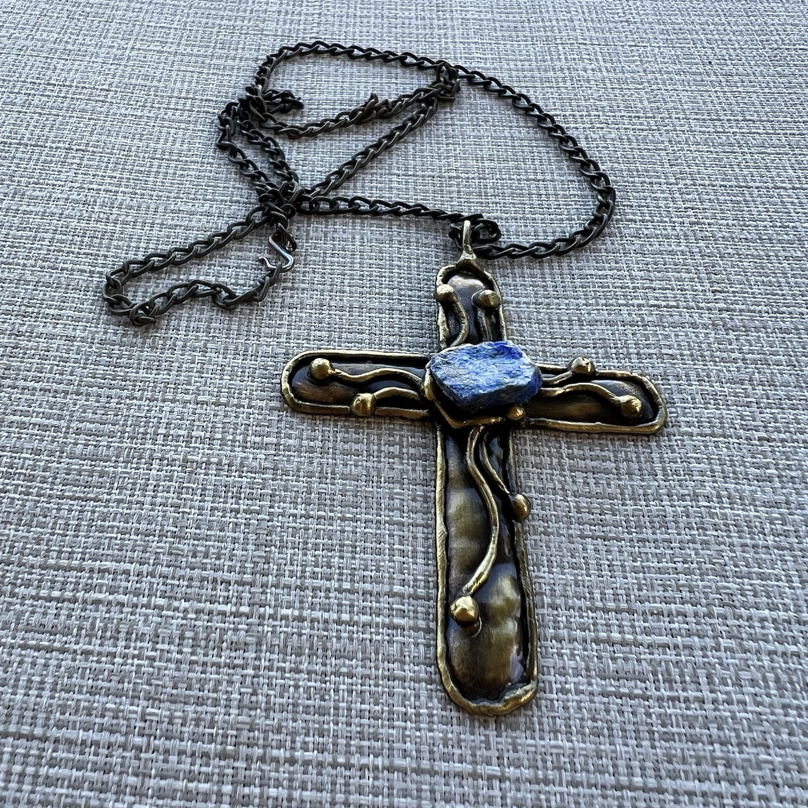 Brutalist Brass Cross Accented with Blue Lapis on 24” Chain
