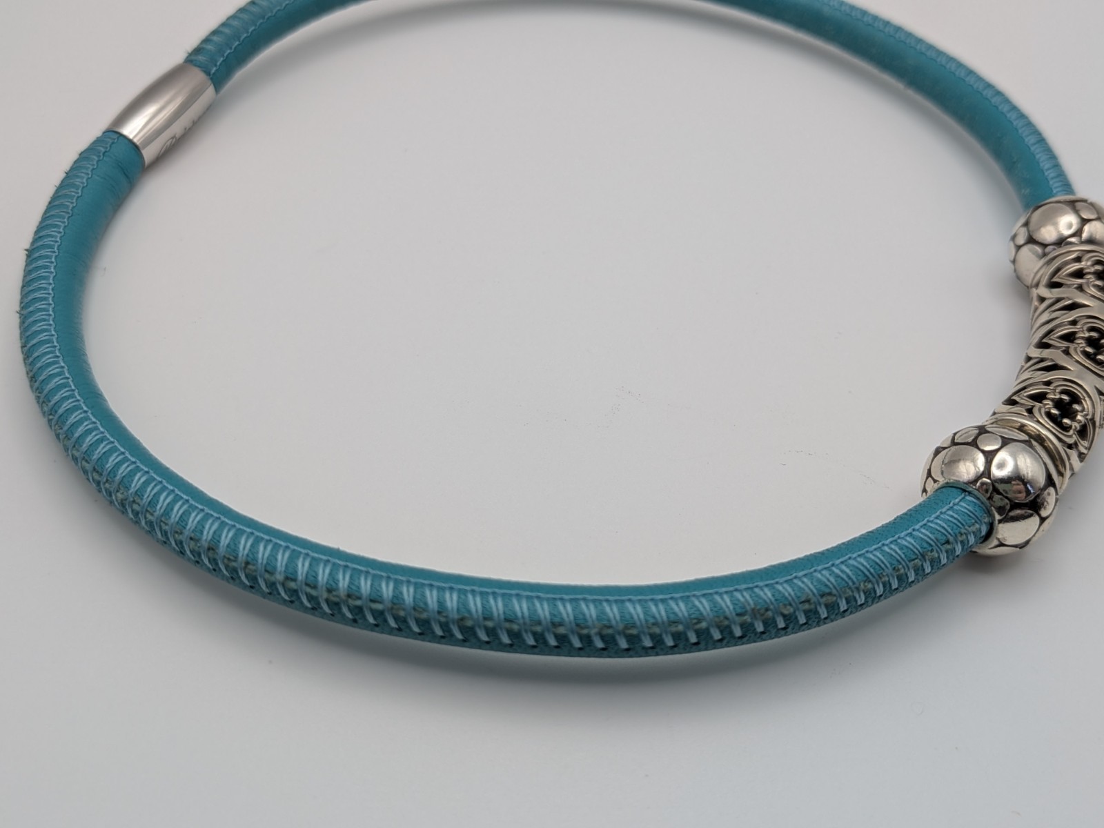 Brighton Faux Turquoise Leather Silver Beads Choker Necklace 15.5 Inches