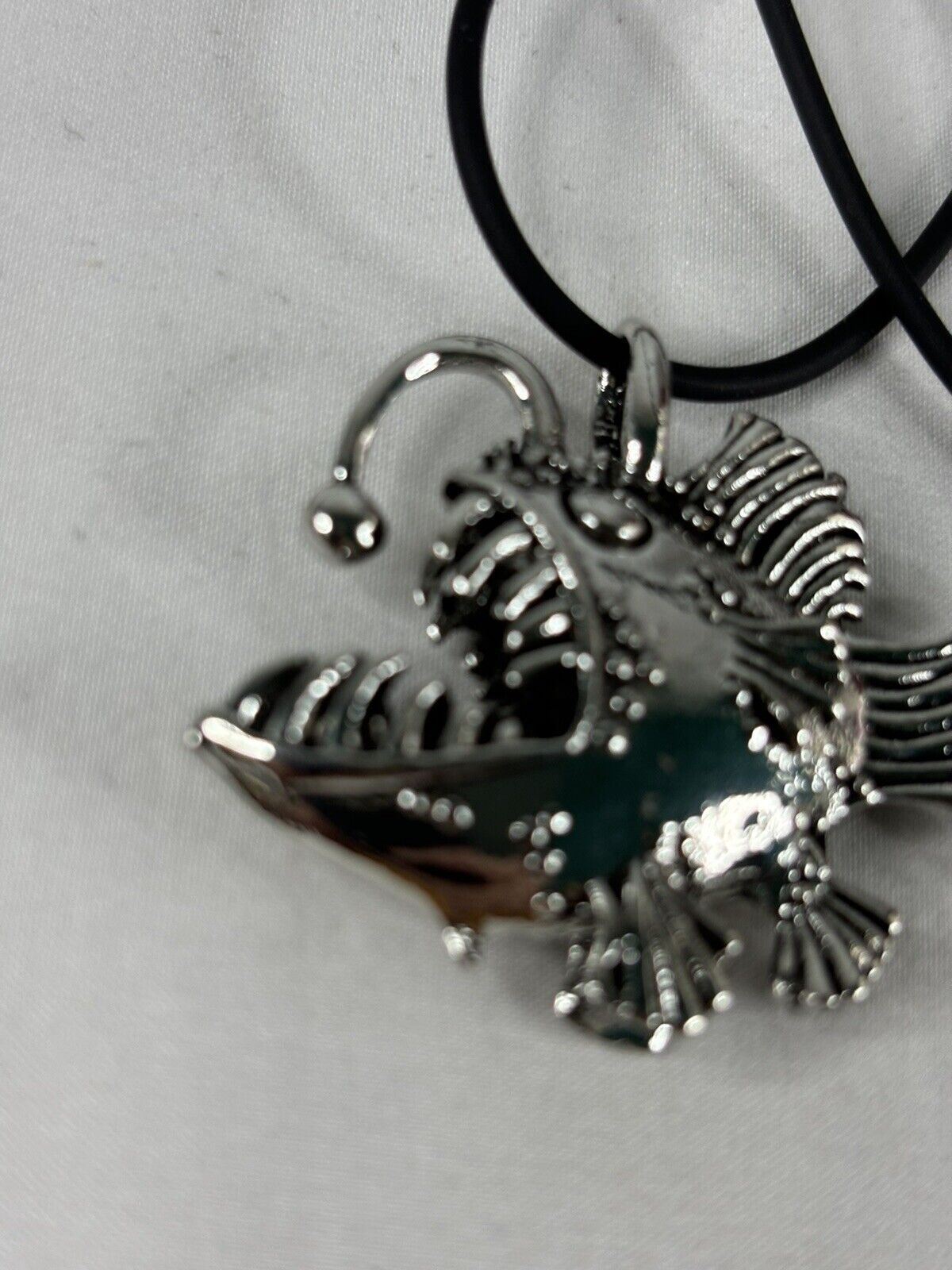 Angler Fish Tiki Necklace Silver Tone Metal Black Cord Surfer Beach Cute