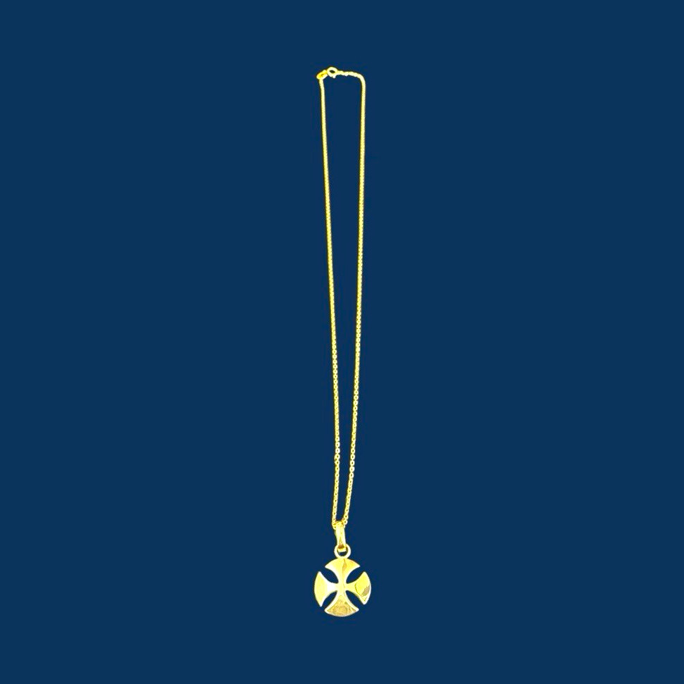 18K Yellow Gold Iron Cross Necklace. 16” chain. 20 mm x 13 mm (with bail).