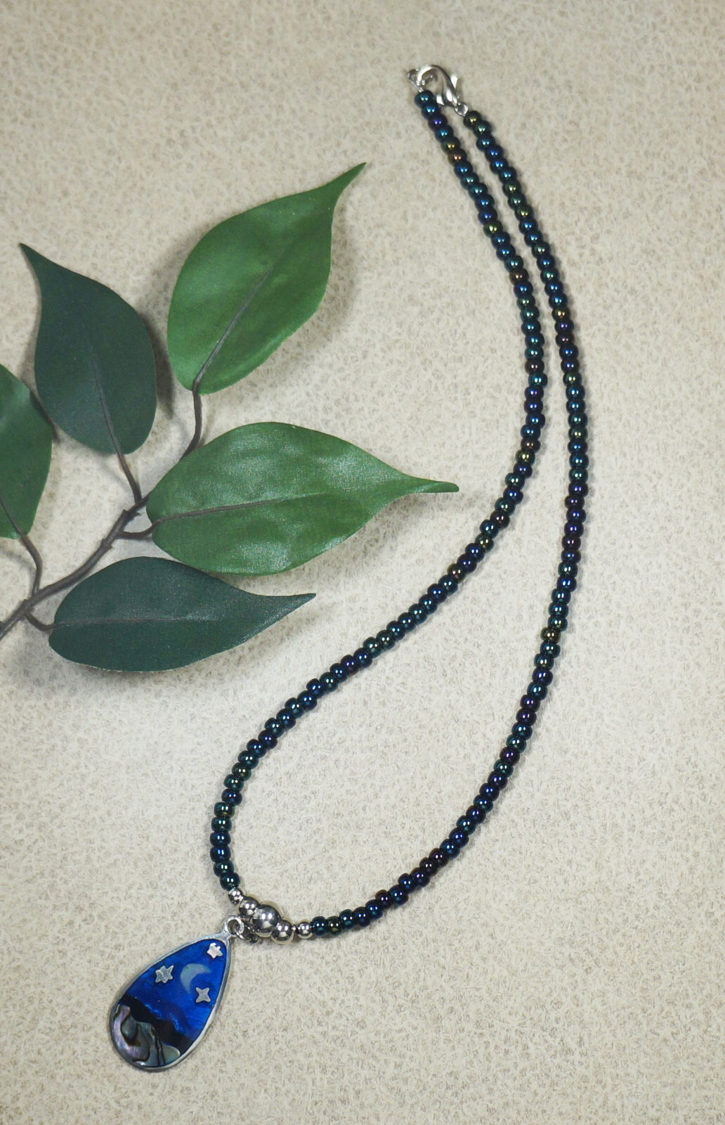Celestial Abalone Moon & Star Teardrop Iris Blue Glass Handmad Beaded Necklace