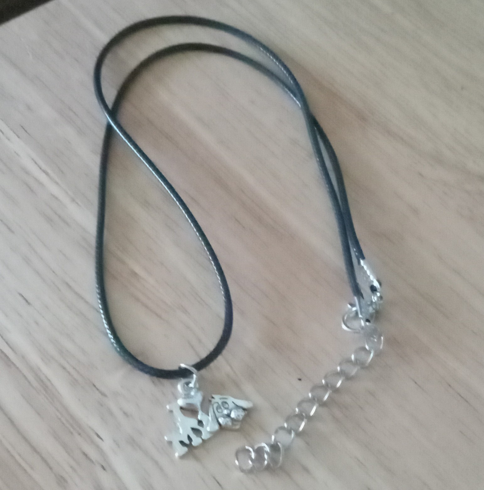 Dog Charm Pendant Necklace Adjustable Black Cord Silver Tone, Lobster