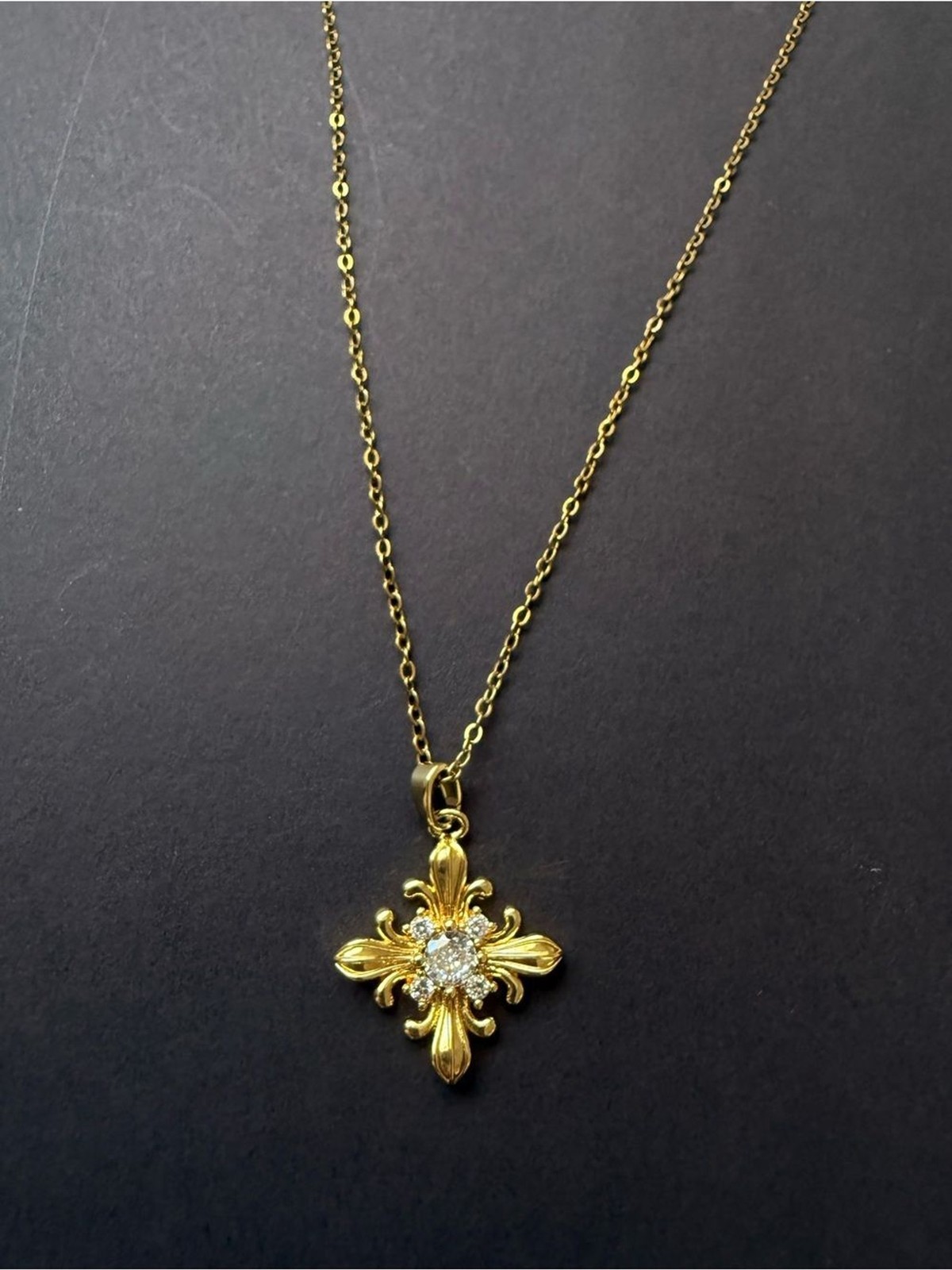 Vintage Baroque Cross Necklace Steel Chain Brass Pendant