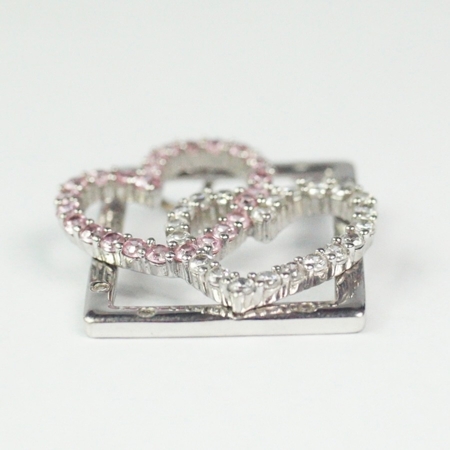 Sterling Silver Pink Ice And Clear Colorless CZ Hearts In Rectangle Pendant