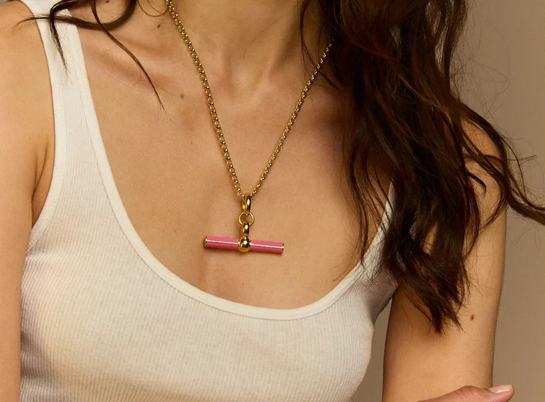 Rolo Chain T Bar Pendant Necklace Brass Metal with baby pink enamel necklace