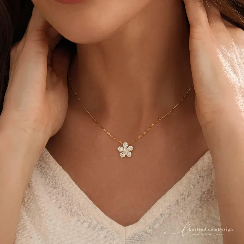 Flower Pendant Necklace Round Cut Simulated Diamond In 14k Yellow Gold Plated