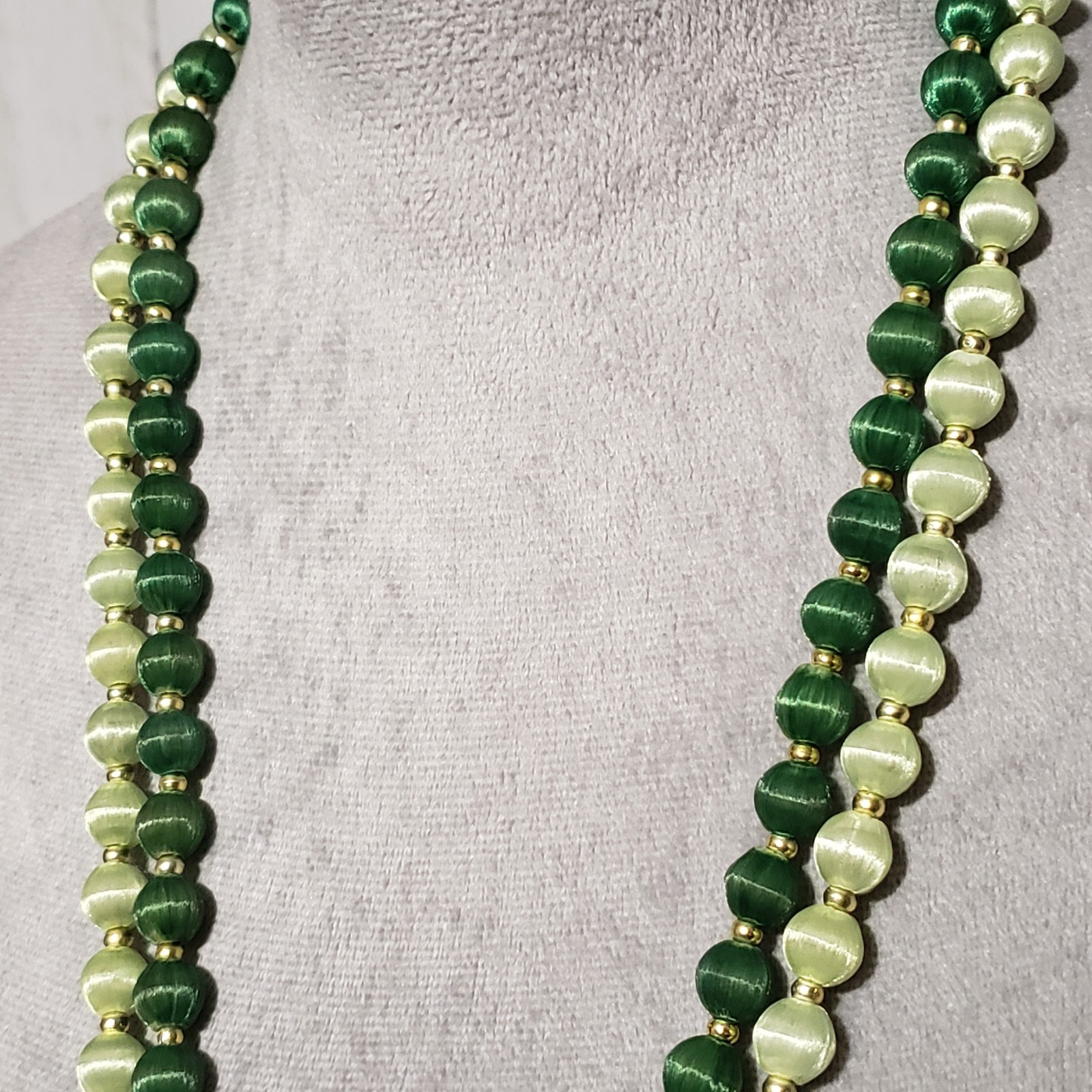 VTG Bead Necklaces Set of 2 Green Silk Satin Wrapped Boho Coquette Retro Artsy