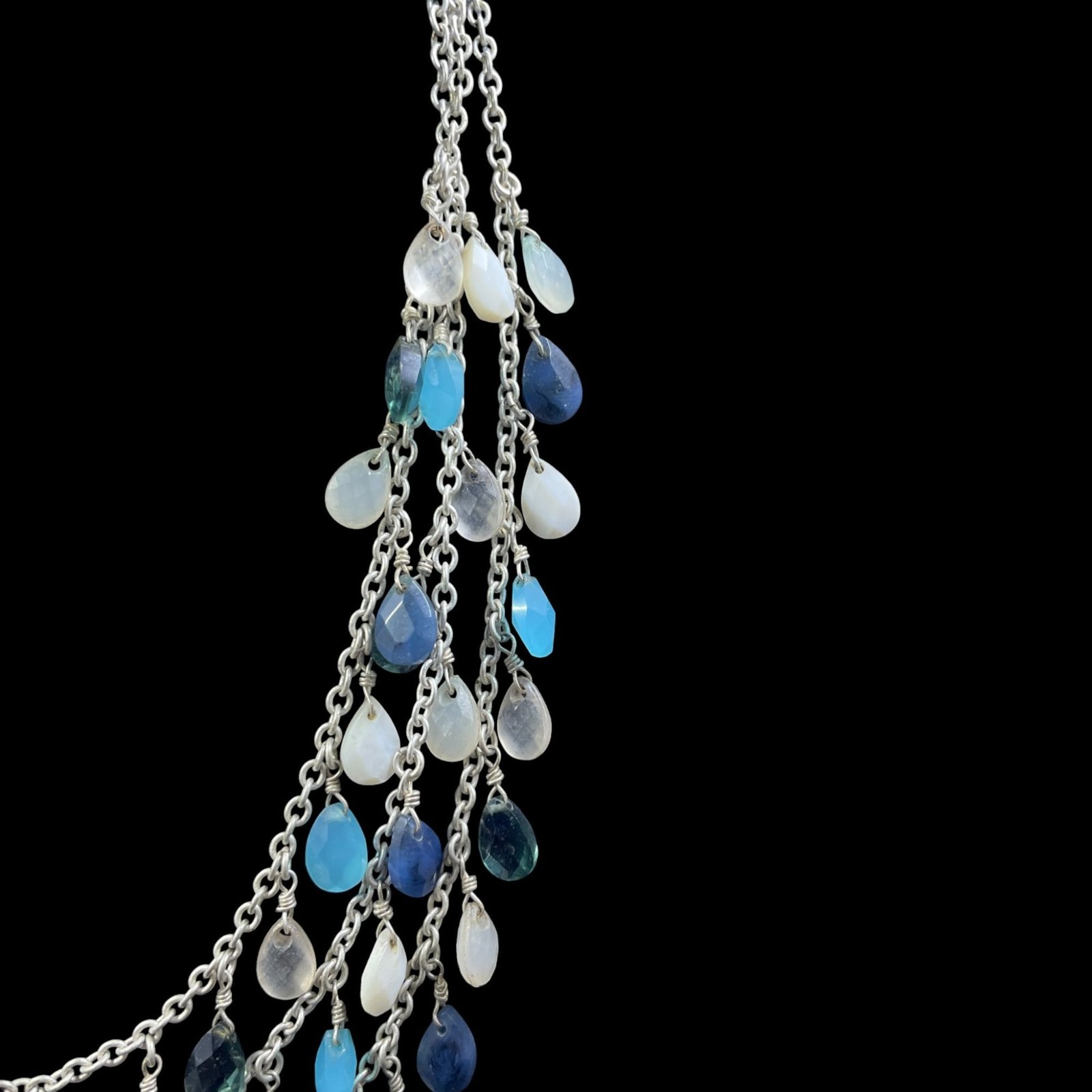 Boho Mermaidcore Layered Gemstone Dangle Necklace Silver Tone Coastal Resort