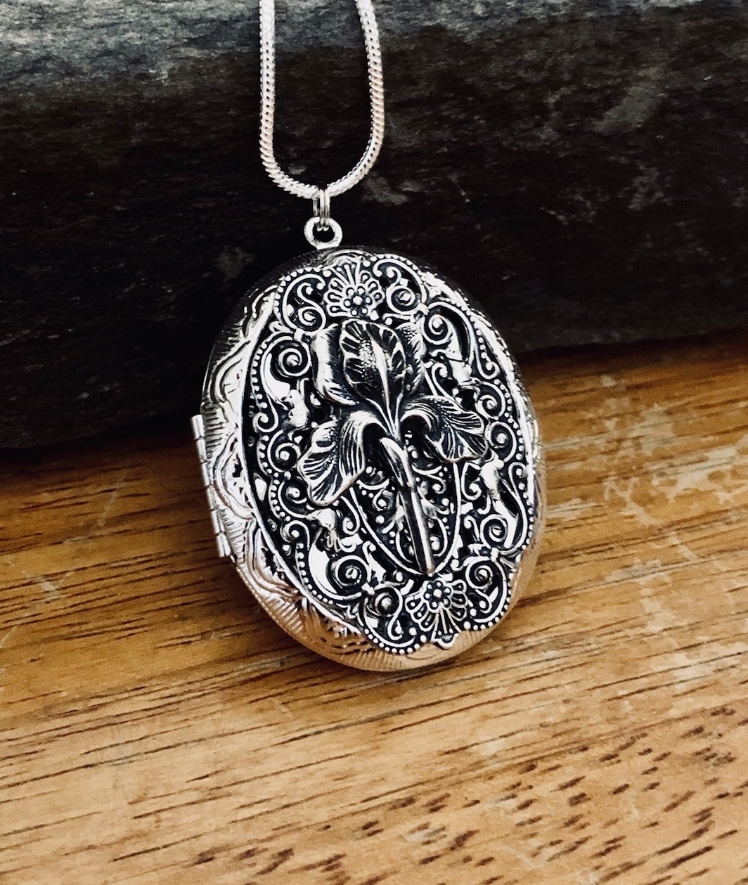 Iris Locket Necklace, Photo Memorial Keepsake Pendant, Sterling Silver Chain