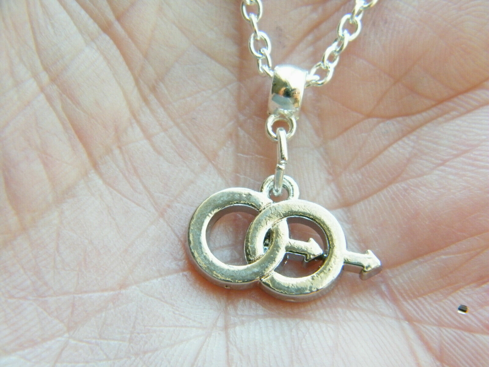 GAY Male on Male NECKLACE LGBTQ DOUBLE MALE SYMBOL Charms 21″ Silver Chain NEW!