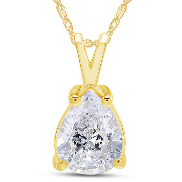 Solitaire Pendant 18″ Necklace In 14K Solid Yellow Gold Pear Cubic Zirconia