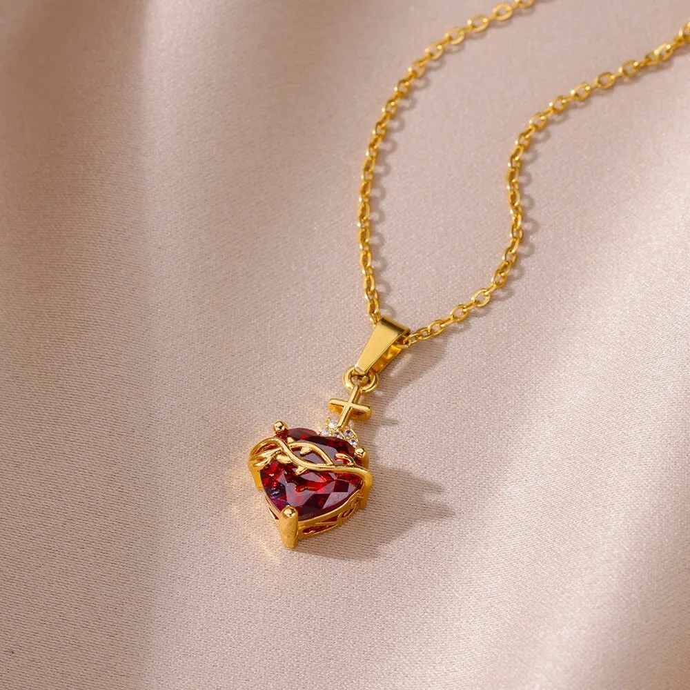 316L Stainless Steel Zircon Heart Cross Necklace for Women – Vintage Aesthetic