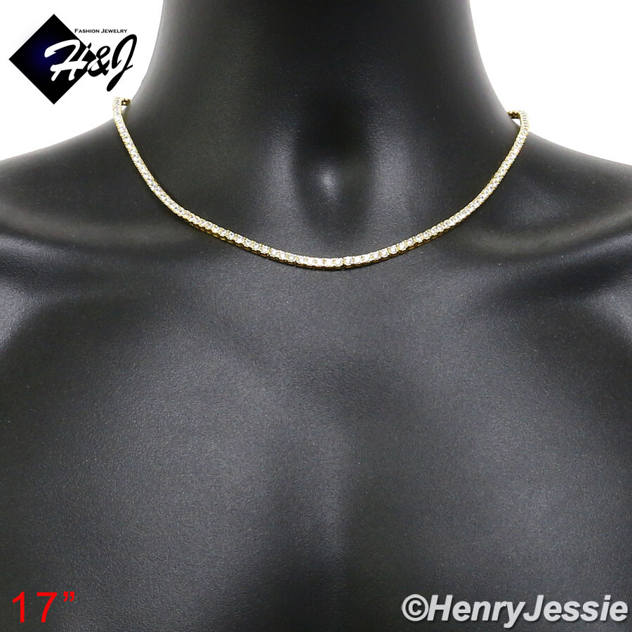 925 STERLING SILVER ICY BLING CZ 17-28″X3MM GOLD PLATED 1 ROW TENNIS NECKLACE*10