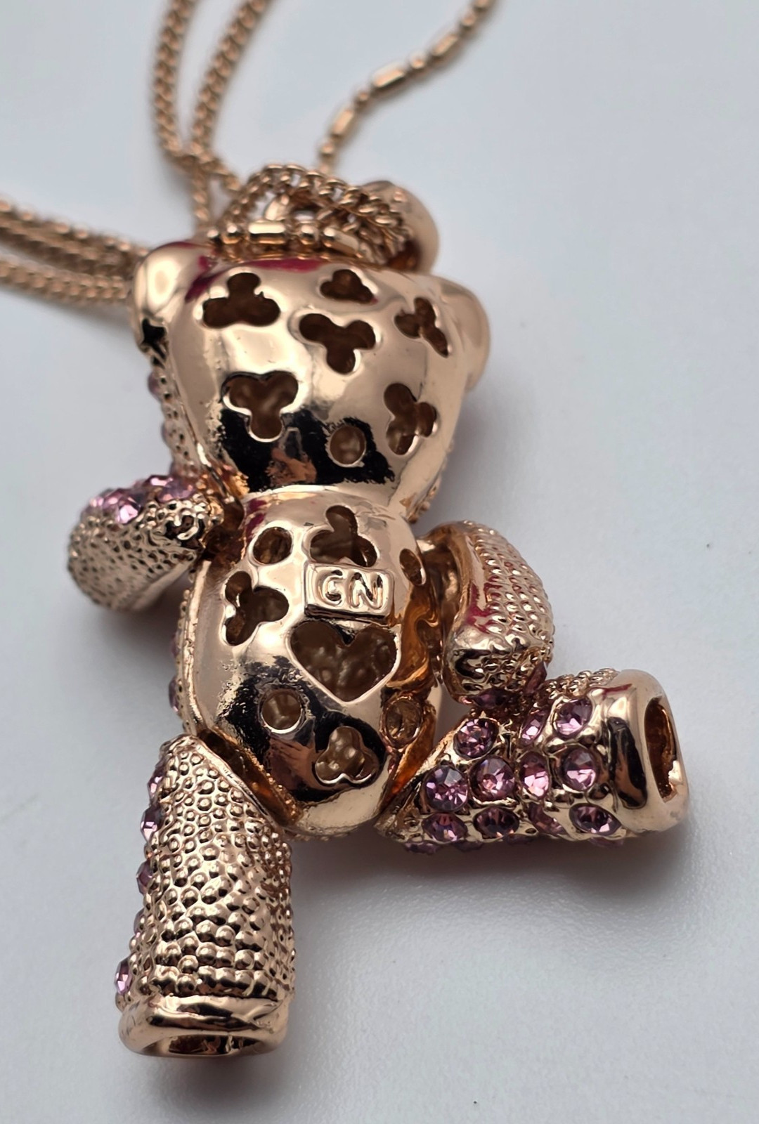 Rose Gold Tone Teddy Bear Pendant Necklace Pink AB Rhinestones 20 in Adj.