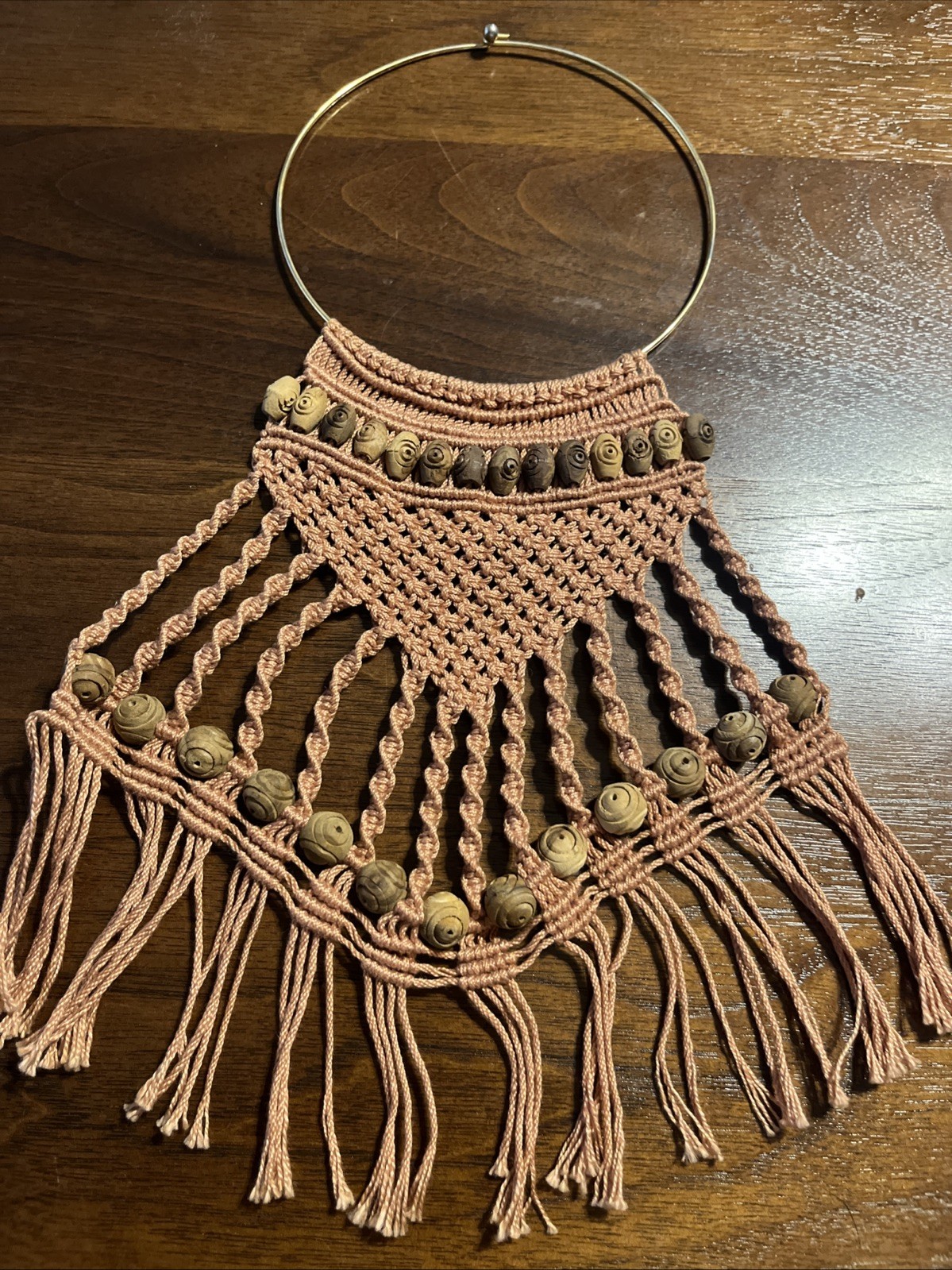 VTG Boho Macrame Bib Statement Necklace Wood Bead Fringe Collar Gold Hoop 5”