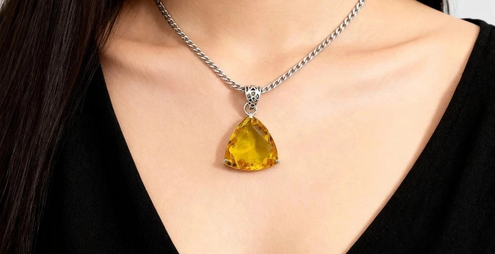 Citrine Yellow Pendant 70.35 Ct Trillion Cut Sterling Sliver Jewelry With Chain