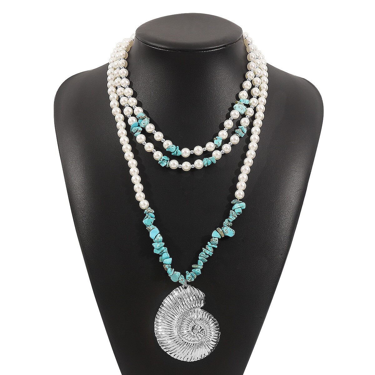 Conch Shell Bead Necklace Silver Madagascar Blue Turquoise Beads Simulated Pearl