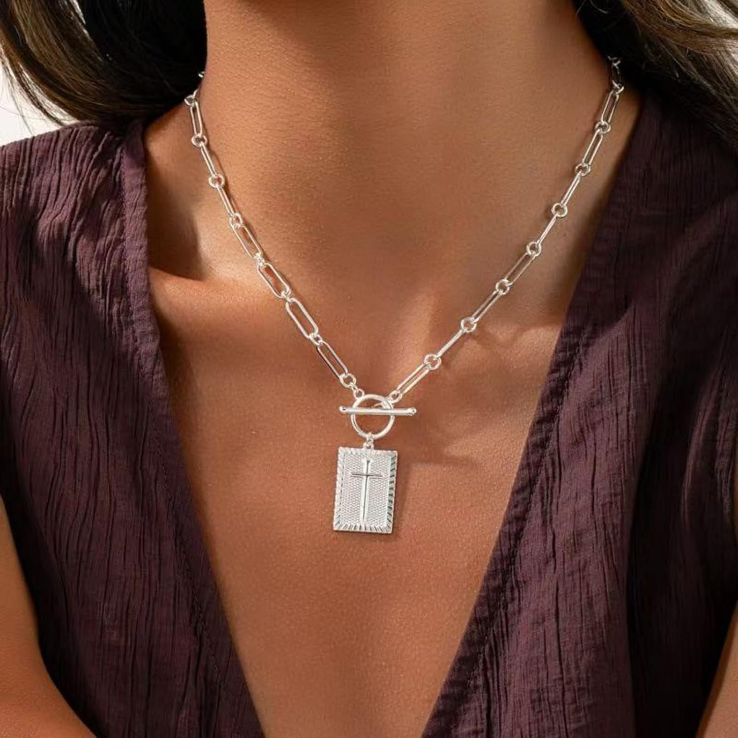 Paperclip Cross Pendant Necklace for Women Gold Toggle Clasp Rectangle Necklace